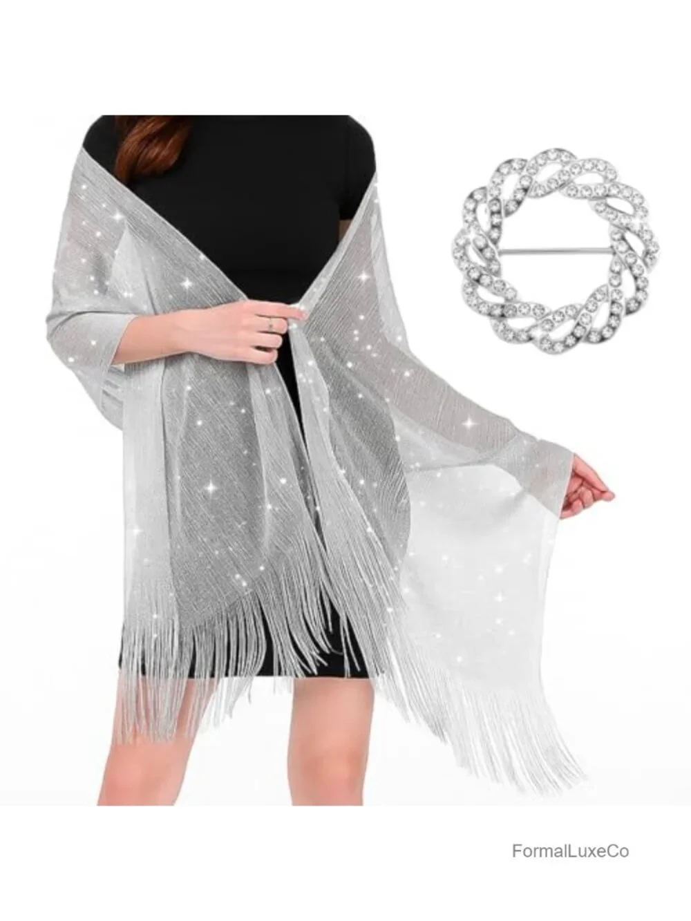 Women's Silver Glitter Fringe Shawl Wrap for Evening Dresses Bridal Capelet